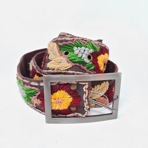 Boheme Boho Brown Cotton Fabric Embroidered Belt M